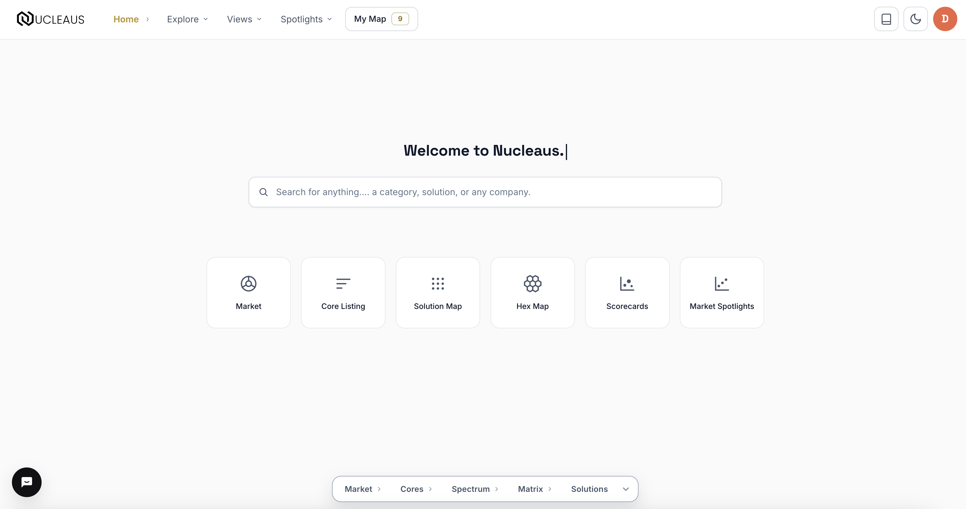The Nucleaus Home page: welcome headline, the search bar, and navigation cards