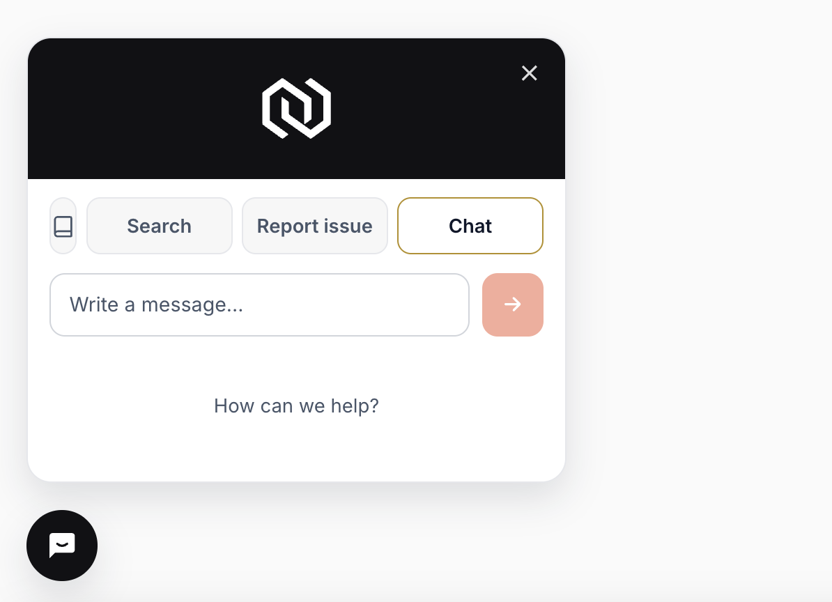 The Help panel with its Search, Report issue, and Chat tabs and an open-conversations pill