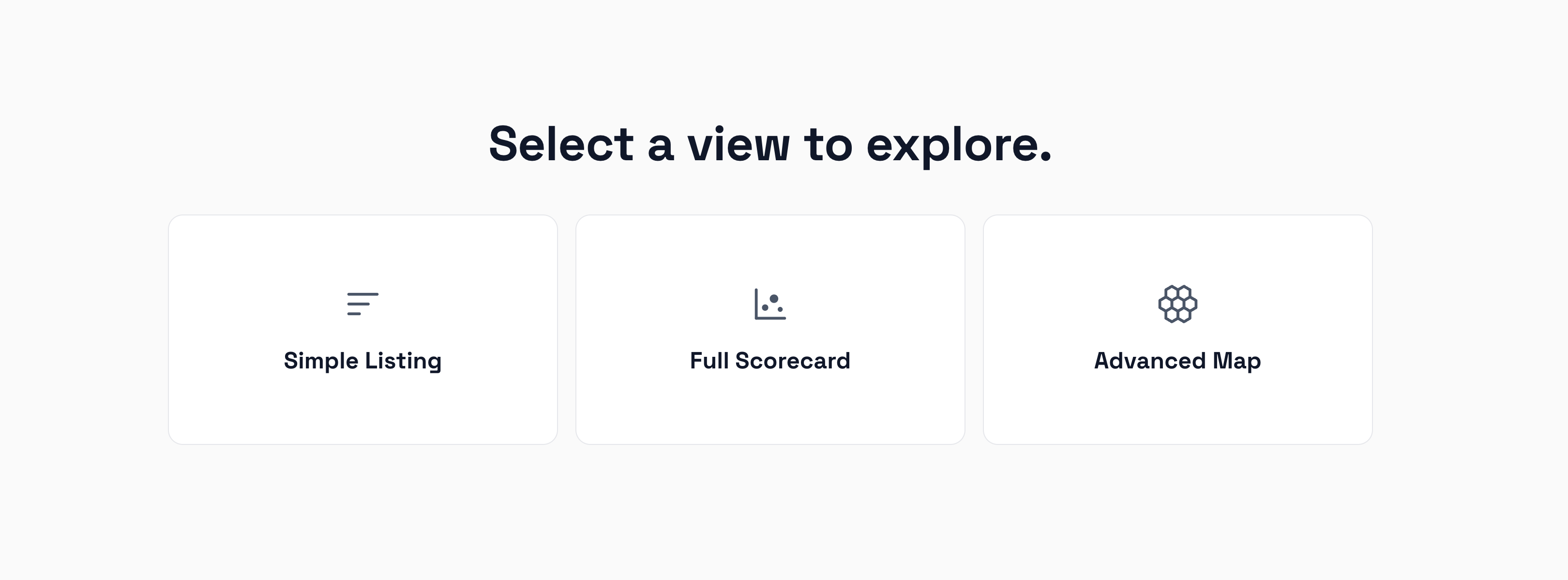 QuickView's first step: the Simple Listing, Full Scorecard, and Advanced Map cards